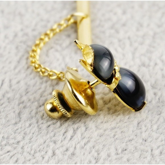 HOB & Co Cat Jelly Belly Cabochon Tie Tack Gray/Black Tiger Eye Like Gold Tone - Picture 7 of 11